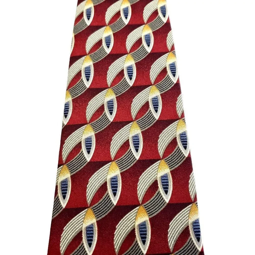 Perry Ellis Portfolio‎ Red Beige Silk Tie Woven Short Wide Geometric